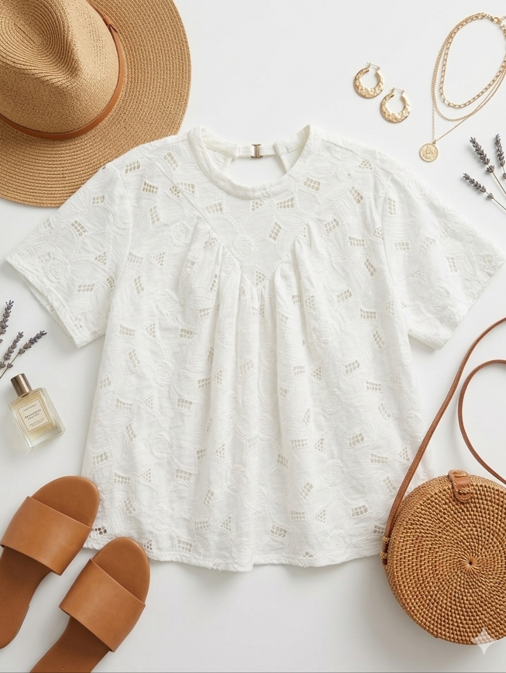 Anthropologie Akemi + Kin White Lattice Rose Embroidered Cotton Blouse